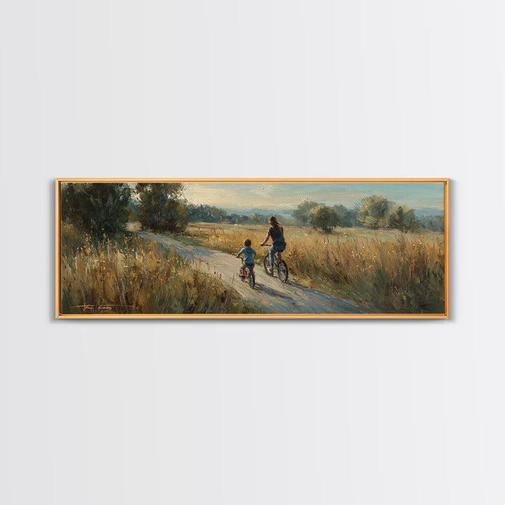 Mother And Child Biking Golden Meadow Canvas Print, Country Landscape Wall Decor, Housewarming Gift, Farmhouse Home Decor