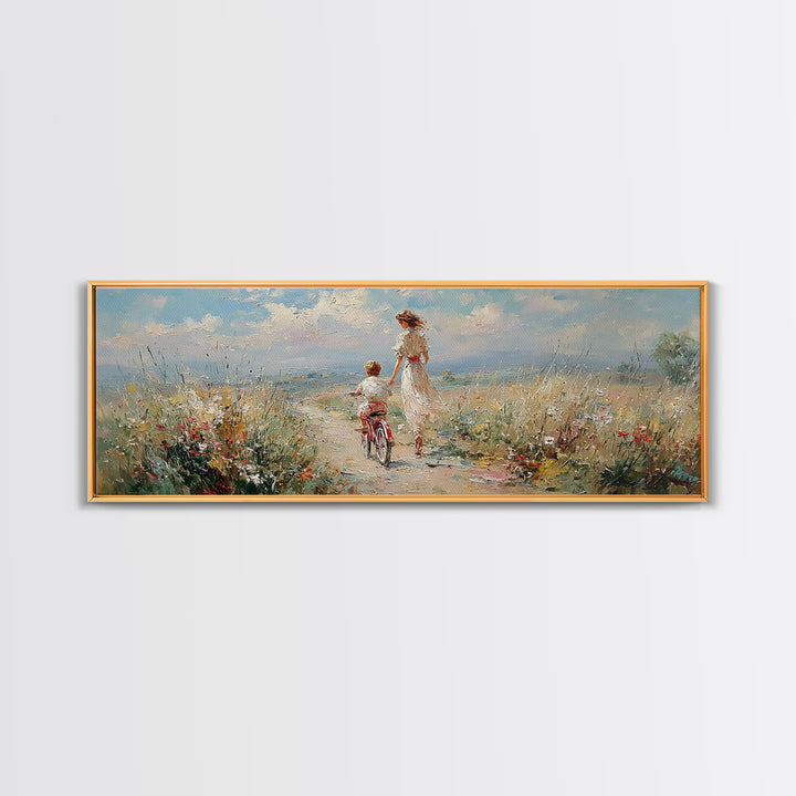Windy Coastal Bike Ride With Child Canvas Print, Wildflower Meadow Wall Decor, Beach House Decor, Large Horizontal Art Print