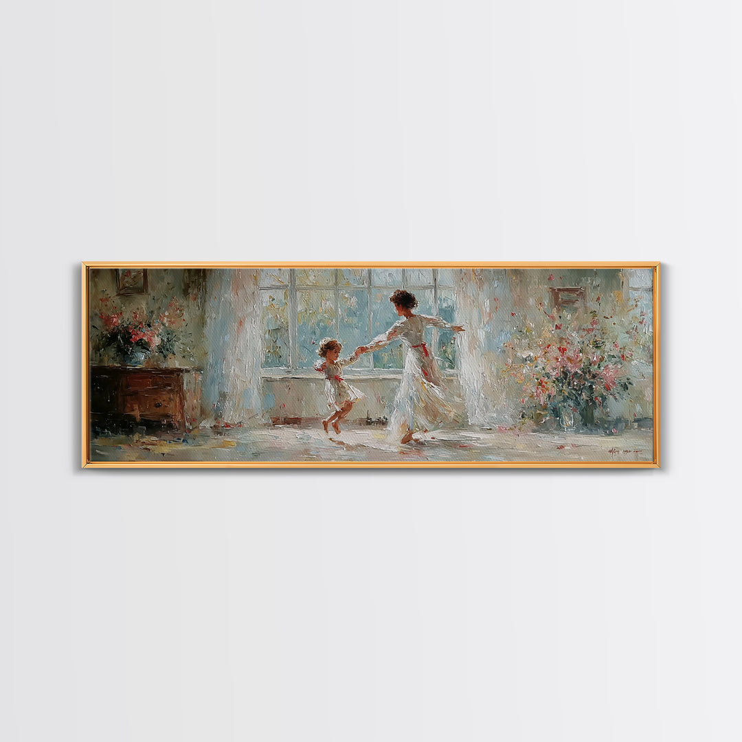 Mother And Daughter Dancing In White Dress Wall Art, Floral Window Interior, Feminine Wall Decor, Fine Art Print, Bedroom Decor