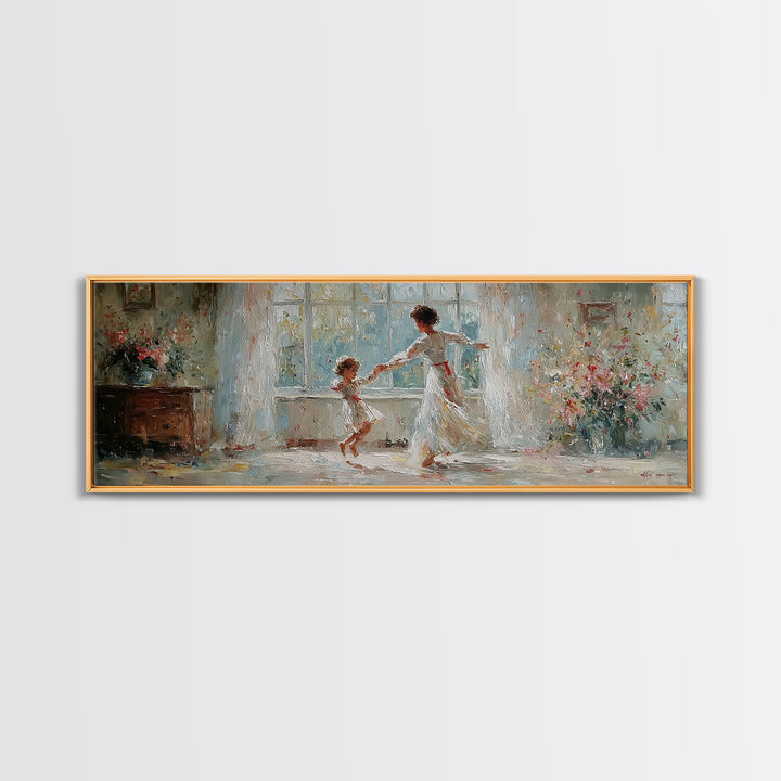 Mother And Daughter Dancing In White Dress Wall Art, Floral Window Interior, Feminine Wall Decor, Fine Art Print, Bedroom Decor