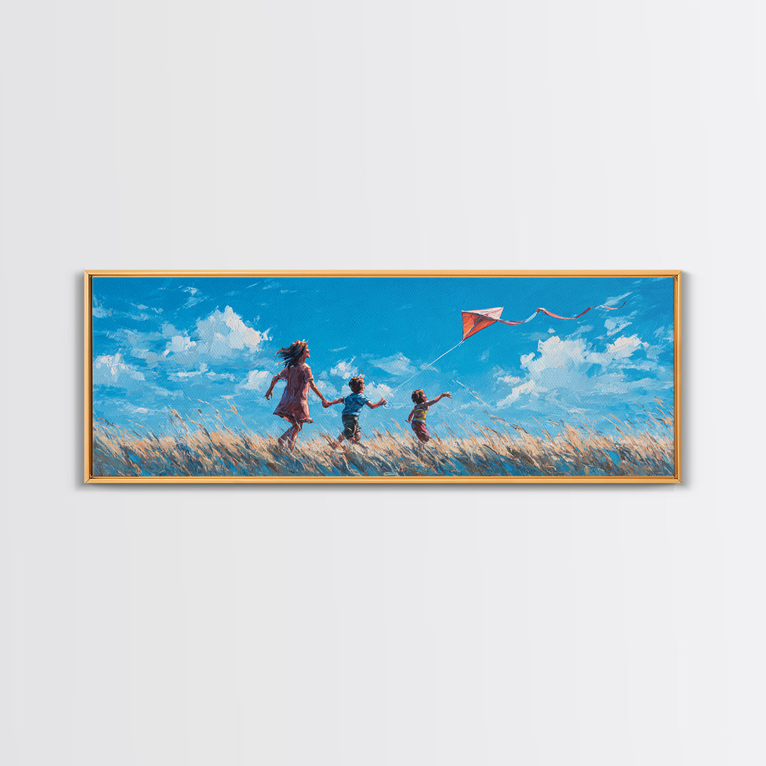 Children Flying Red Kite In Sunny Meadow Wall Art, Whimsical Nursery Decor, Kids Room Art, Summer Landscape Print, Home Decor