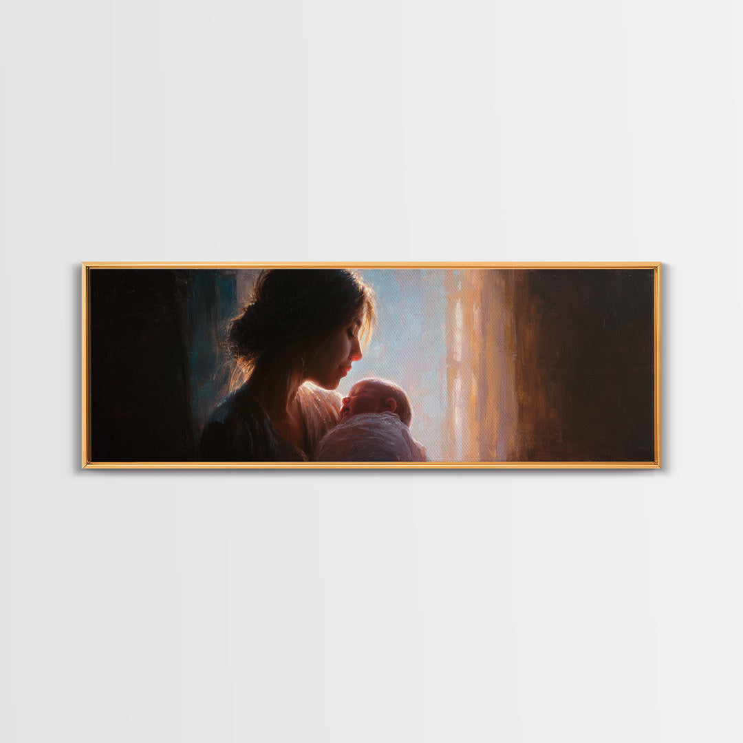 Mother Holding Newborn By Window Wall Art, Tender Motherhood Canvas Print, Baby Nursery Decor, Gift For Mom, Fine Art Print