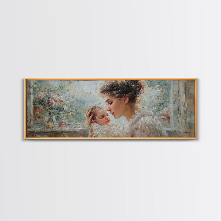 Mother Cuddling Sleeping Baby Near Window Wall Art, Impressionist Motherhood Canvas Print, Floral Nursery Decor, Gift For Mom