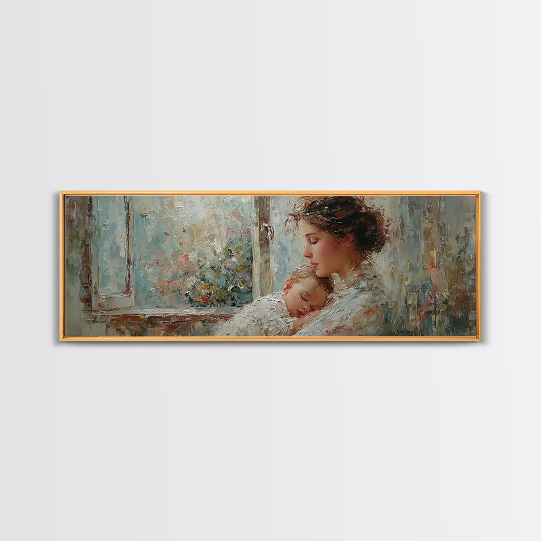 Mother Holding Sleeping Baby By Floral Window Framed Canvas Print, Tender Nursery Wall Art, Motherhood Decor, Gift For Mom