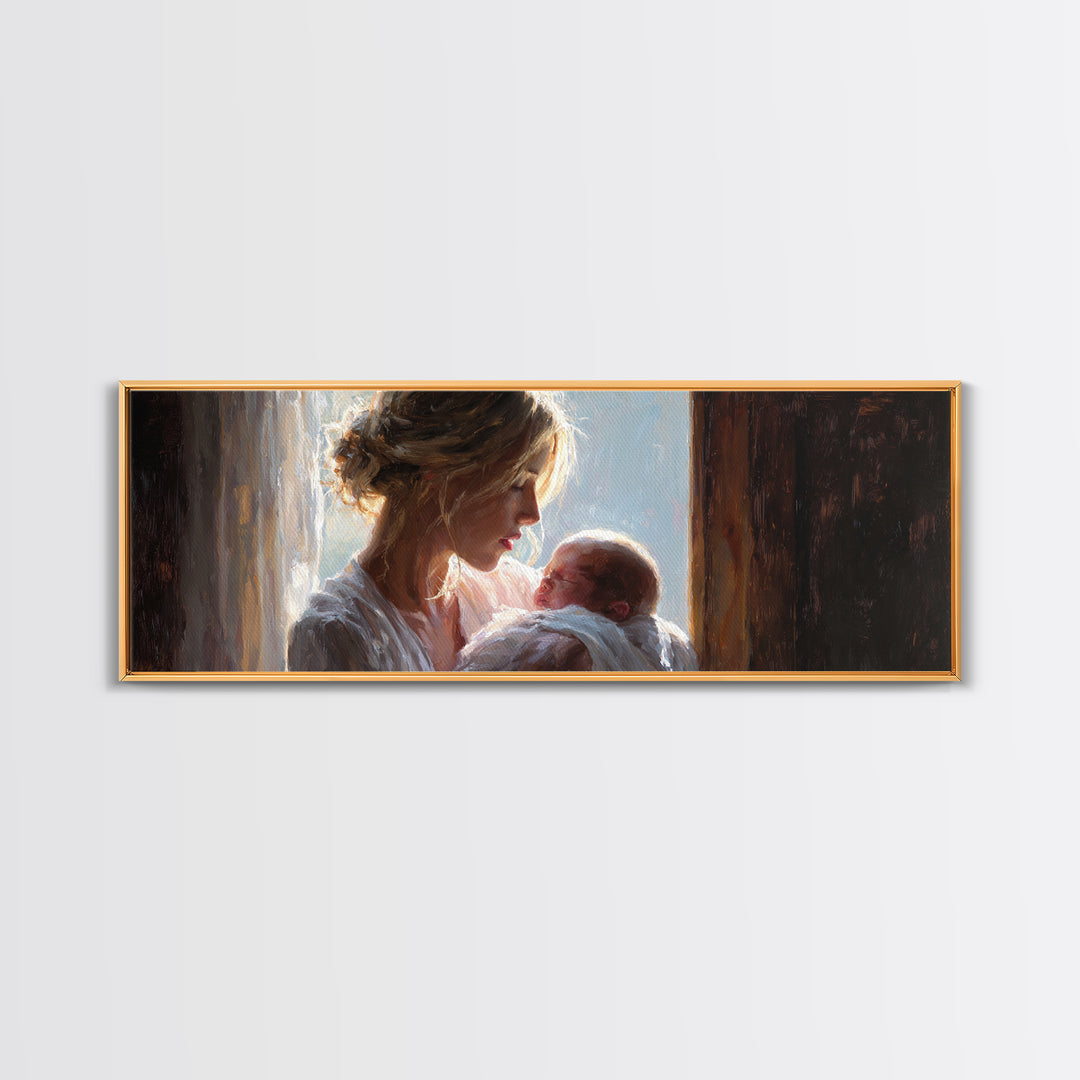 Mother Cradling Newborn In Golden Window Light Wall Art, Tender Motherhood Canvas Print, Baby Nursery Decor, Gift For Mom