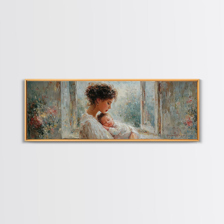Mother And Sleeping Baby In Floral Window Canvas Print, Soft Motherhood Wall Art, Nursery Decor, Gift For Mom, Fine Art Print