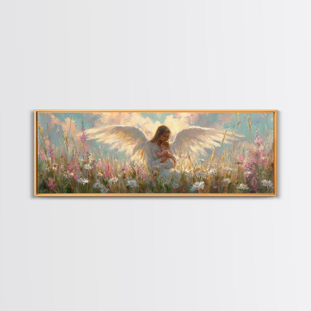 Angel Mother And Child In Wildflower Meadow Wall Art, Christian Nursery Decor, Feminine Spiritual Gift For Her, Living Room Decor