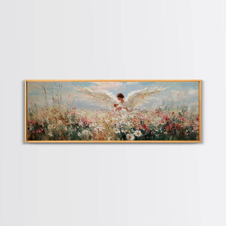 Angel Mother Holding Baby In Floral Meadow Framed Canvas Print, Christian Wall Art, Spiritual Nursery Decor, Gift For Her