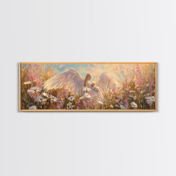 Guardian Angel Cradling Baby In Daisy Field Canvas Print, Christian Nursery Wall Art, Feminine Spiritual Home Decor, Gift For Her