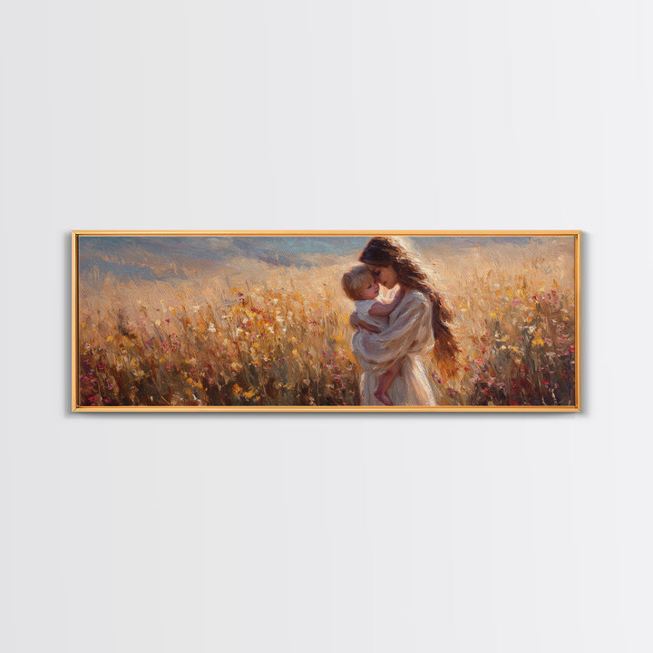 Golden Sunset Mother And Baby In Meadow Canvas Print, Romantic Wall Art, Feminine Bedroom Decor, Housewarming Gift For Her