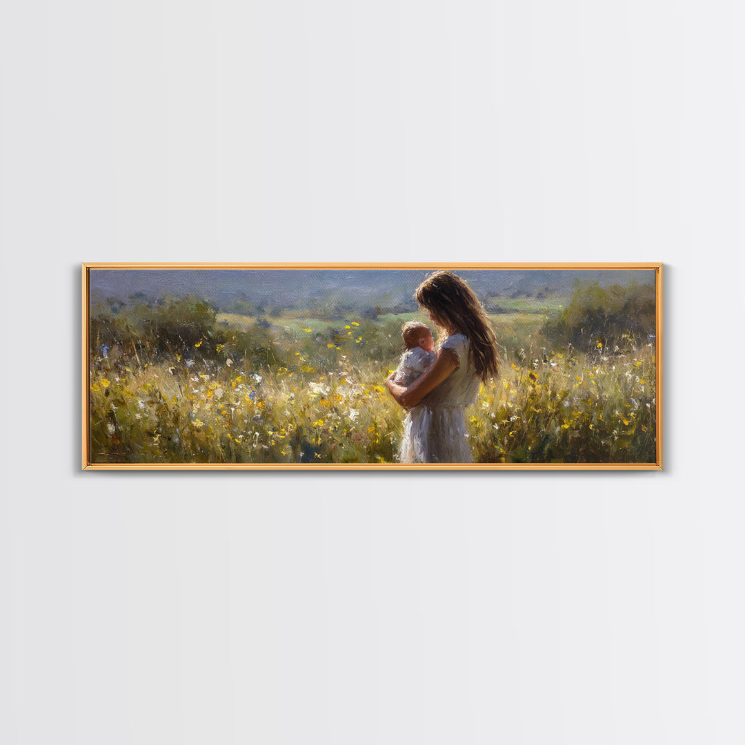 Mother And Baby In Sunlit Wildflower Meadow Wall Art, Impressionist Landscape, Nursery Decor, Gift For Mom, Above Bed Art