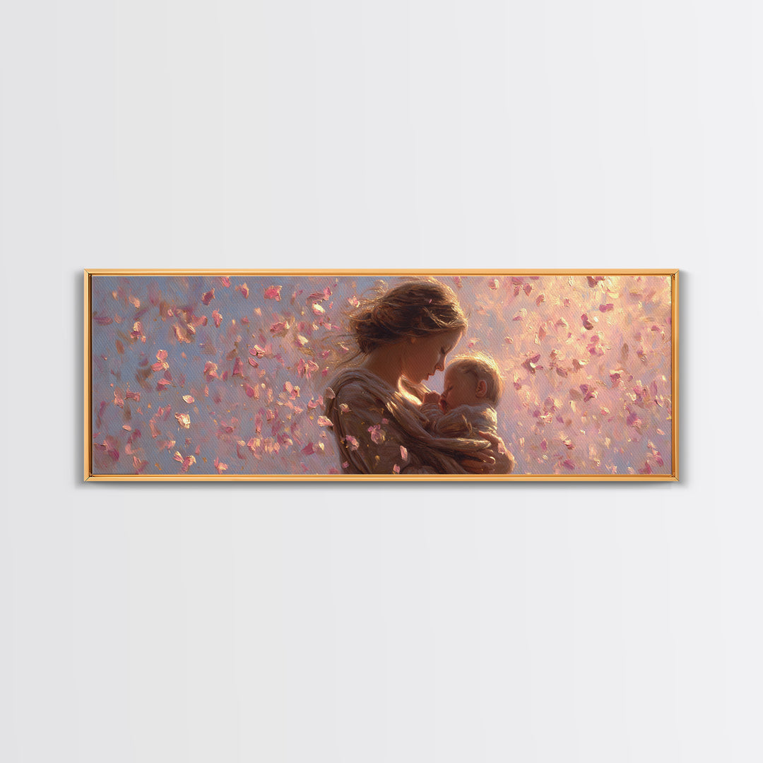Mother And Baby In Pink Petal Light Canvas Print, Romantic Nursery Wall Art, Feminine Decor, New Mom Gift, Baby Shower Gift