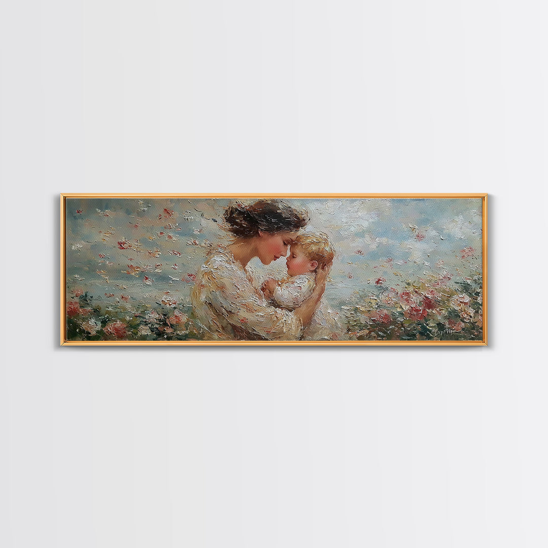 Mother Kissing Baby In Blue Wildflowers Framed Canvas Print, Textured Oil Painting Wall Art, Nursery Decor, New Mom Gift