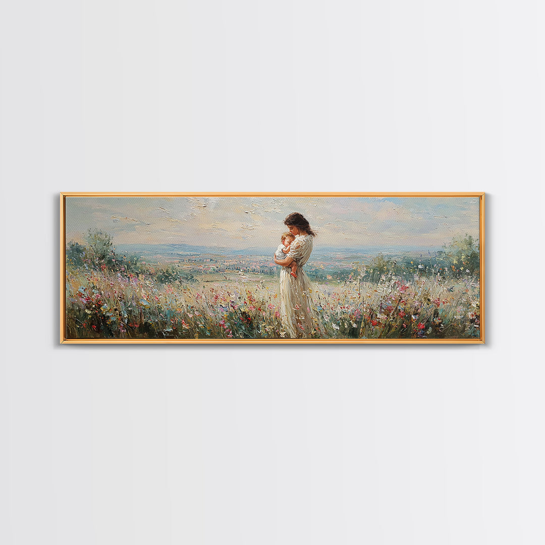 Mother Holding Baby In Hilltop Wildflower Meadow Wall Art, Panoramic Landscape Canvas Print, Nursery Decor, Gift For Mom