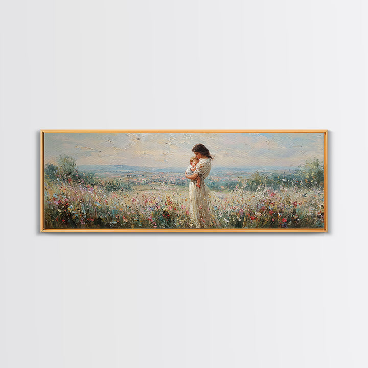 Mother Holding Baby In Hilltop Wildflower Meadow Wall Art, Panoramic Landscape Canvas Print, Nursery Decor, Gift For Mom
