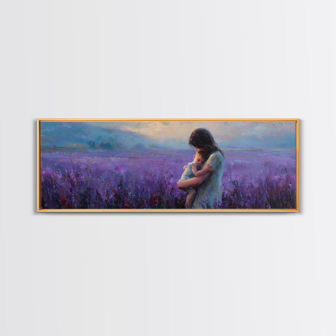 Mother And Baby In Lavender Field Canvas Print, Purple Landscape Wall Art, Calming Nursery Decor, Gift For Mom, New Baby Gift
