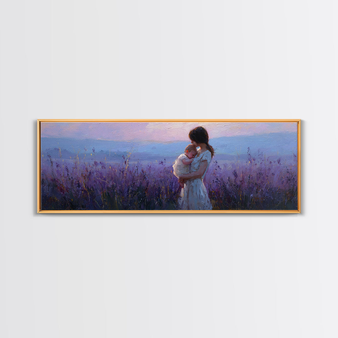 Mother Holding Baby At Lavender Sunset Wall Art, Moody Purple Landscape, Framed Canvas Print, Nursery Decor, Gift For Mom
