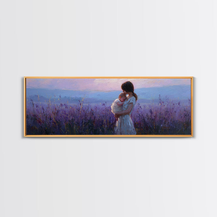 Mother Holding Baby At Lavender Sunset Wall Art, Moody Purple Landscape, Framed Canvas Print, Nursery Decor, Gift For Mom