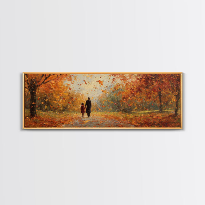 Parent And Child Strolling Golden Autumn Park Wall Art, Large Horizontal Canvas Print, Fall Landscape Decor, Housewarming Gift