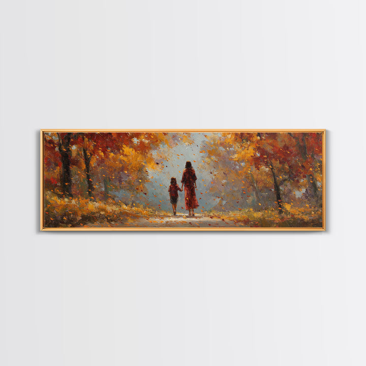 Mother And Daughter On Sunlit Autumn Path Wall Art, Warm Fall Landscape Canvas Print, Cozy Bedroom Decor, Gift For Her, Home Decor