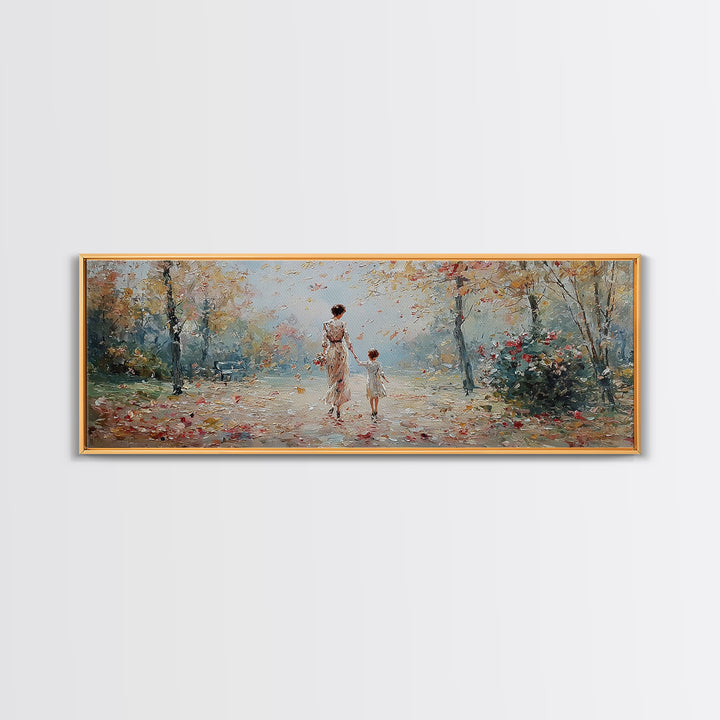 Mother And Child Walking In Soft Autumn Light Wall Art, Impressionist Canvas Print, Tranquil Landscape Decor, Gift For Mom