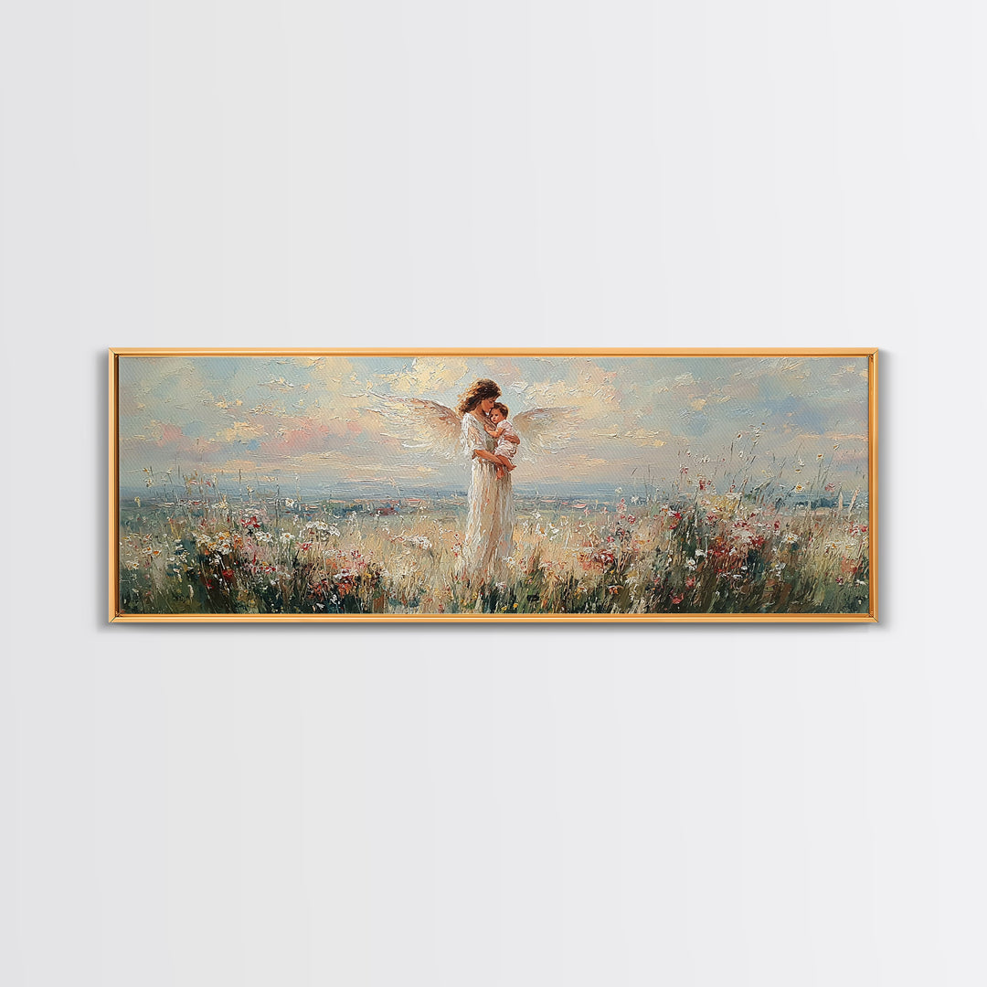 Mother Holding Baby In Blooming Meadow Wall Art, Panoramic Canvas Print, Floral Nursery Decor, Gift For Mom, Above Bed Art