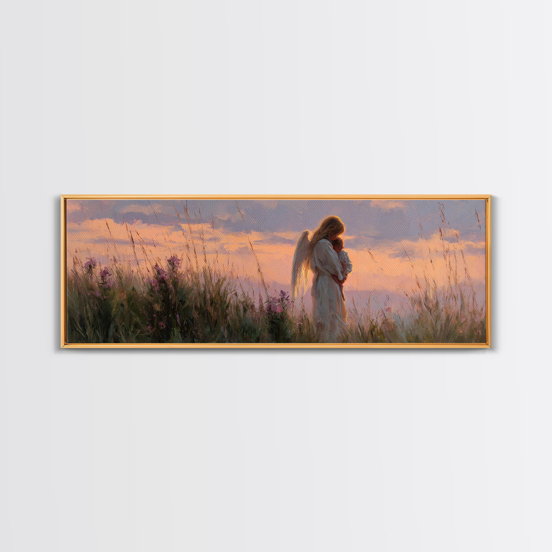 Guardian Angel Holding Child At Sunset Wall Art, Spiritual Framed Canvas Print, Christian Nursery Decor, Baby Gift, Home Decor