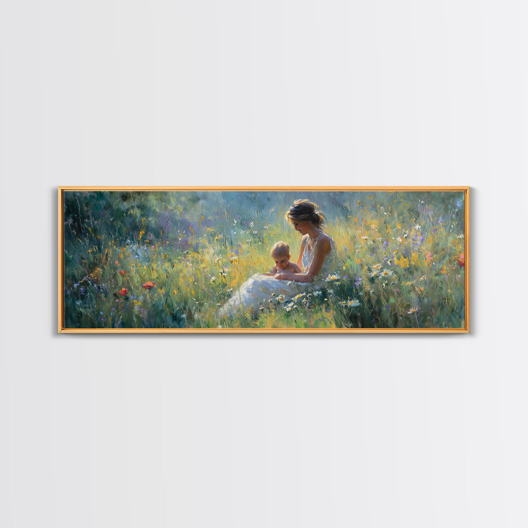 Sunlit Mother And Baby Meadow Wall Art, Impressionist Wildflower Landscape Print, Nursery Decor, Above Bed Canvas Home Decor