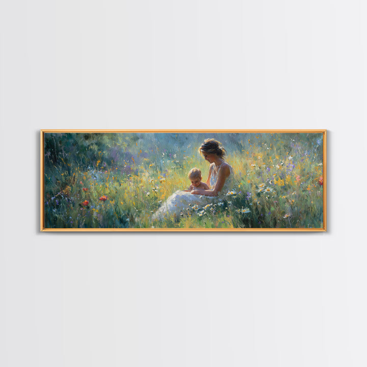 Sunlit Mother And Baby Meadow Wall Art, Impressionist Wildflower Landscape Print, Nursery Decor, Above Bed Canvas Home Decor
