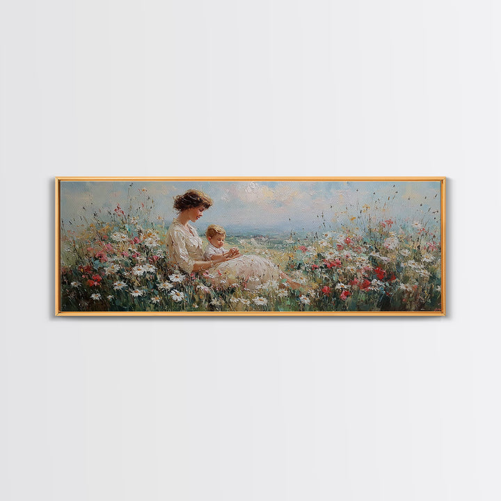 Mother And Child By The Sea Framed Canvas Print, Impressionist Wildflower Meadow, Coastal Nursery Wall Decor, Gift For Her