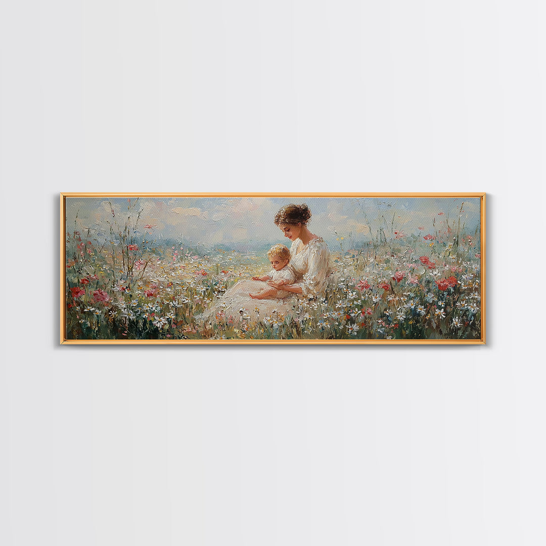 Sunlit Mother And Baby Wildflower Canvas Print, Impressionist Meadow Landscape, Feminine Nursery Wall Art Home Decor, Gift For Her