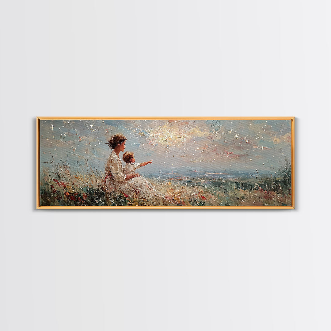 Mother And Child Pointing At Sunlit Sky Framed Canvas Print, Wildflower Meadow Landscape, Nursery Wall Art, Gift For Her