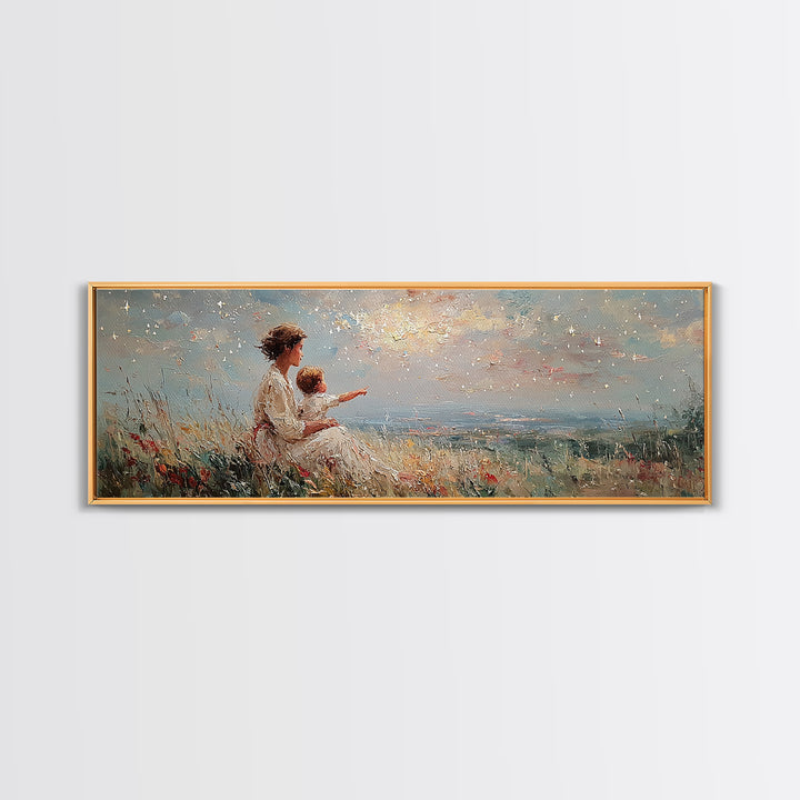 Mother And Child Pointing At Sunlit Sky Framed Canvas Print, Wildflower Meadow Landscape, Nursery Wall Art, Gift For Her
