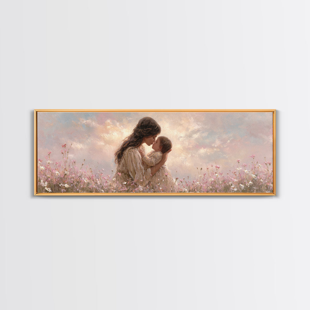 Tender Mother And Baby Kiss Canvas Print, Soft Pink Wildflower Meadow Painting, Nursery Wall Art, Feminine Home Decor, Gift For Mom