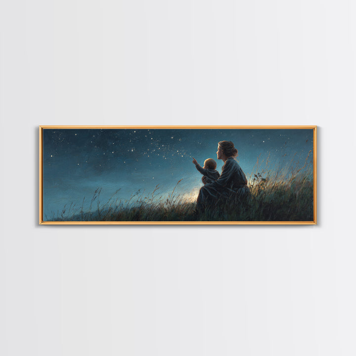 Mother And Child Stargazing Canvas Print, Blue Night Meadow Wall Art, Celestial Nursery Decor, Above Bed Art, Gift For Mom