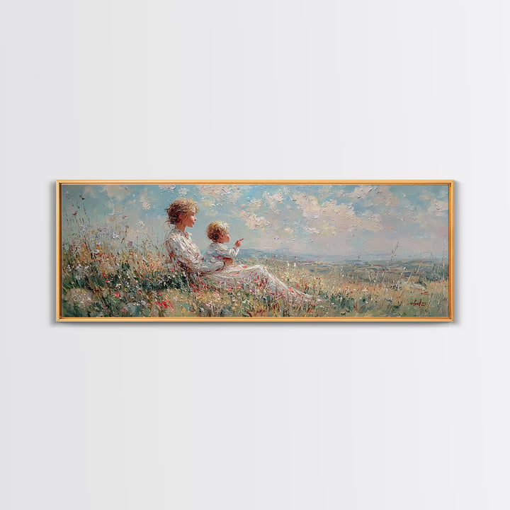 Mother And Child On Sunny Hill Framed Canvas Print, Impressionist Wildflower Landscape, Panoramic Wall Art, Nursery Decor