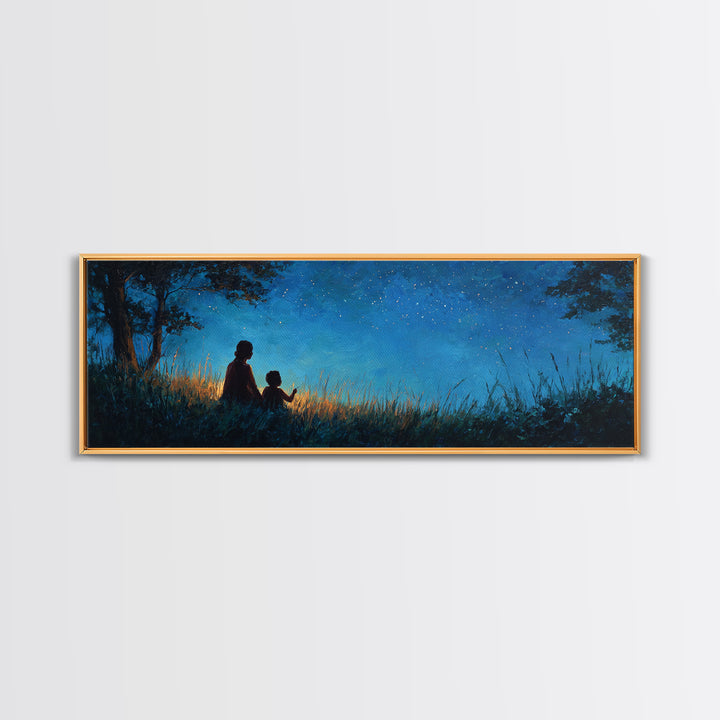 Silhouette Mother And Child Under Stars Wall Art, Moody Blue Night Landscape, Celestial Nursery Decor, Rustic Home Decor