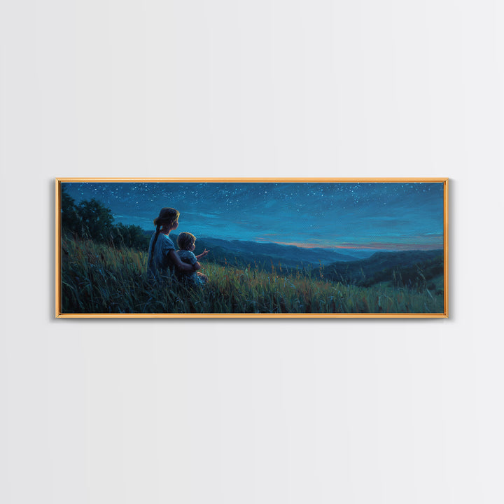 Mother And Child Over Moonlit Valley Canvas Print, Starry Blue Mountain Landscape Wall Art, Above Bed Decor, Gift For Her