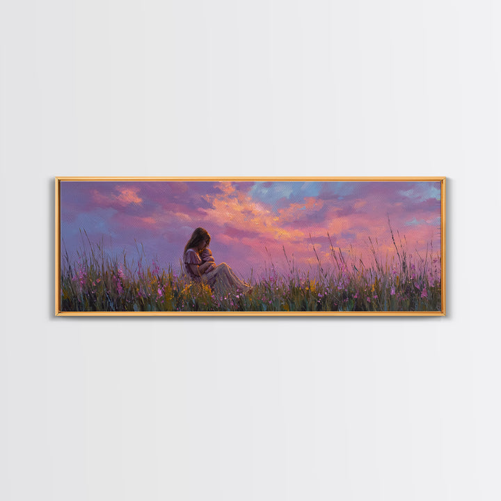 Expectant Mother In Twilight Wildflower Meadow Wall Art, Pink Sunset Canvas Print, Feminine Nursery Decor, Gift For New Mom