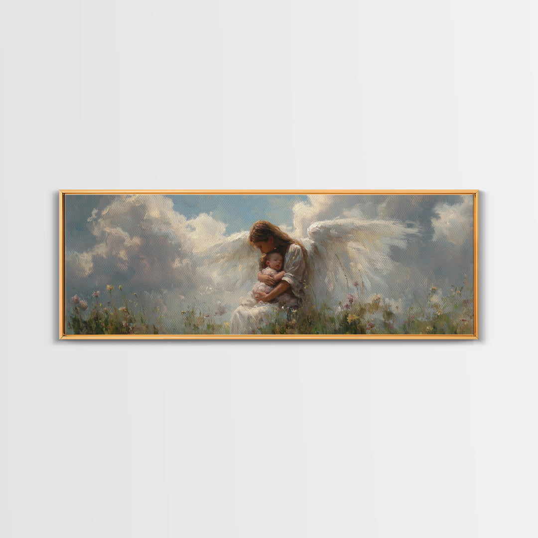 Angel Mother Cradling Baby In Cloudy Meadow Framed Canvas Print, Spiritual Nursery Wall Decor, Ethereal Art, Gift For Mom