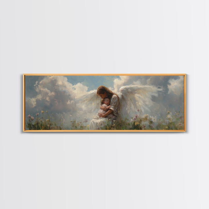 Angel Mother Cradling Baby In Cloudy Meadow Framed Canvas Print, Spiritual Nursery Wall Decor, Ethereal Art, Gift For Mom