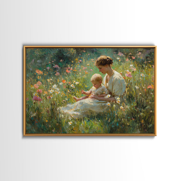 Mother And Baby In Sunlit Wildflower Meadow Canvas Print, Impressionist Floral Wall Art, Nursery Decor And Gift For New Mom