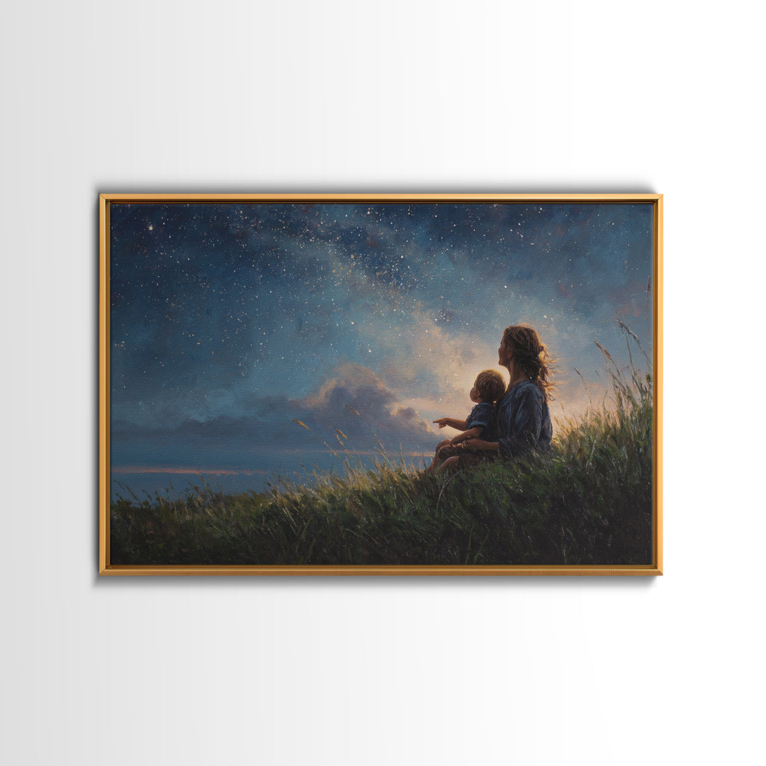 Mother And Child Stargazing Canvas Print, Celestial Nursery Wall Art, Gift For Mom, Baby Room Decor, Spiritual Home Decor