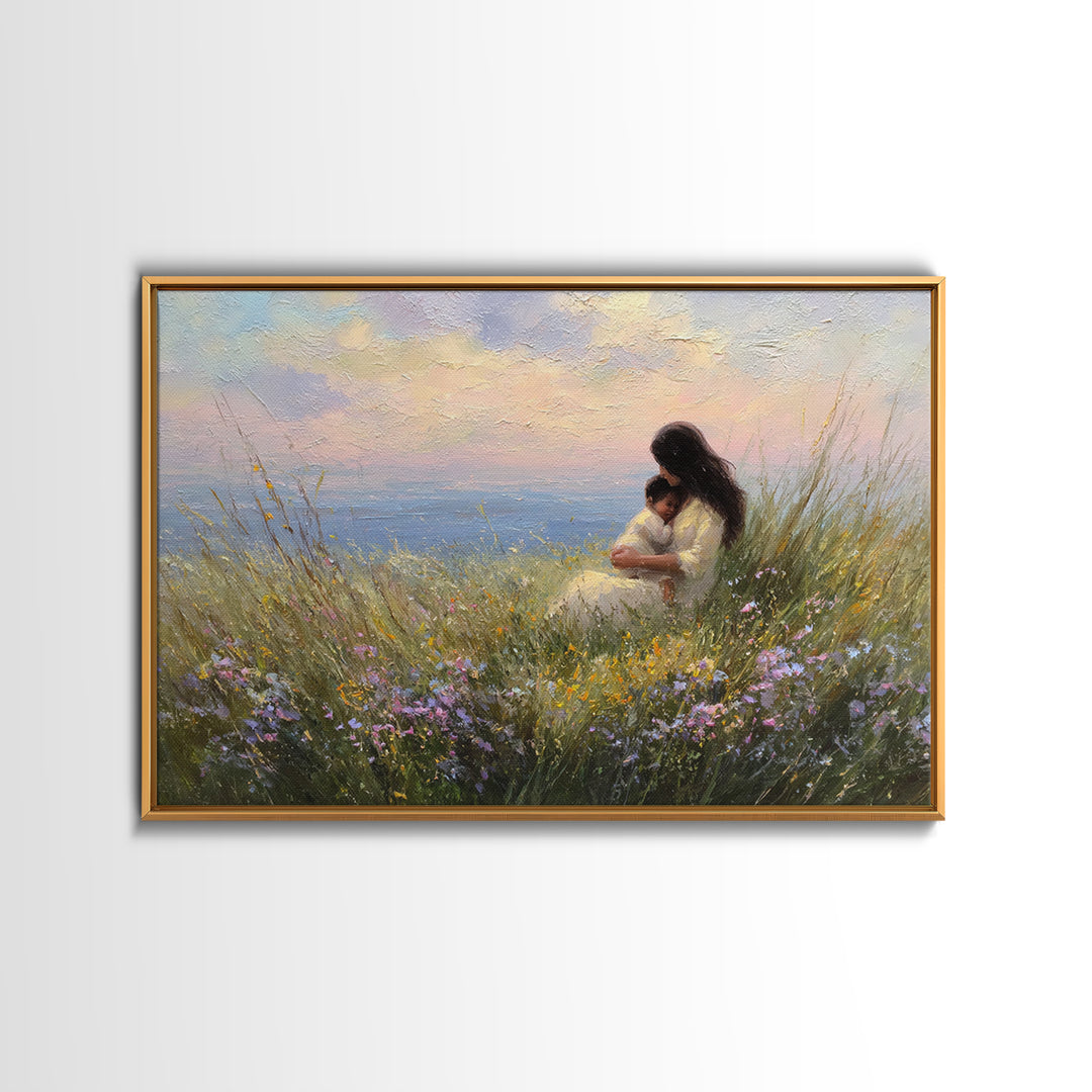 Mother And Baby By Ocean Sunset Canvas Print, Coastal Wall Art, Seascape Decor, Nursery Wall Art, Gift For Mom, Beach House