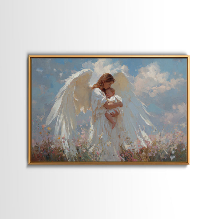Guardian Angel Holding Baby Framed Canvas Print, Christian Wall Art, Nursery Decor, Spiritual Gift, Baby Shower Gift For Mom