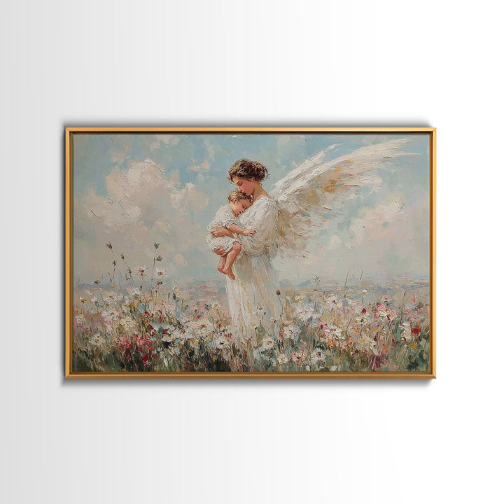 Guardian Angel Mother And Baby In Wildflower Meadow Wall Art, Christian Nursery Decor, Spiritual Gift, Serene Bedroom Print
