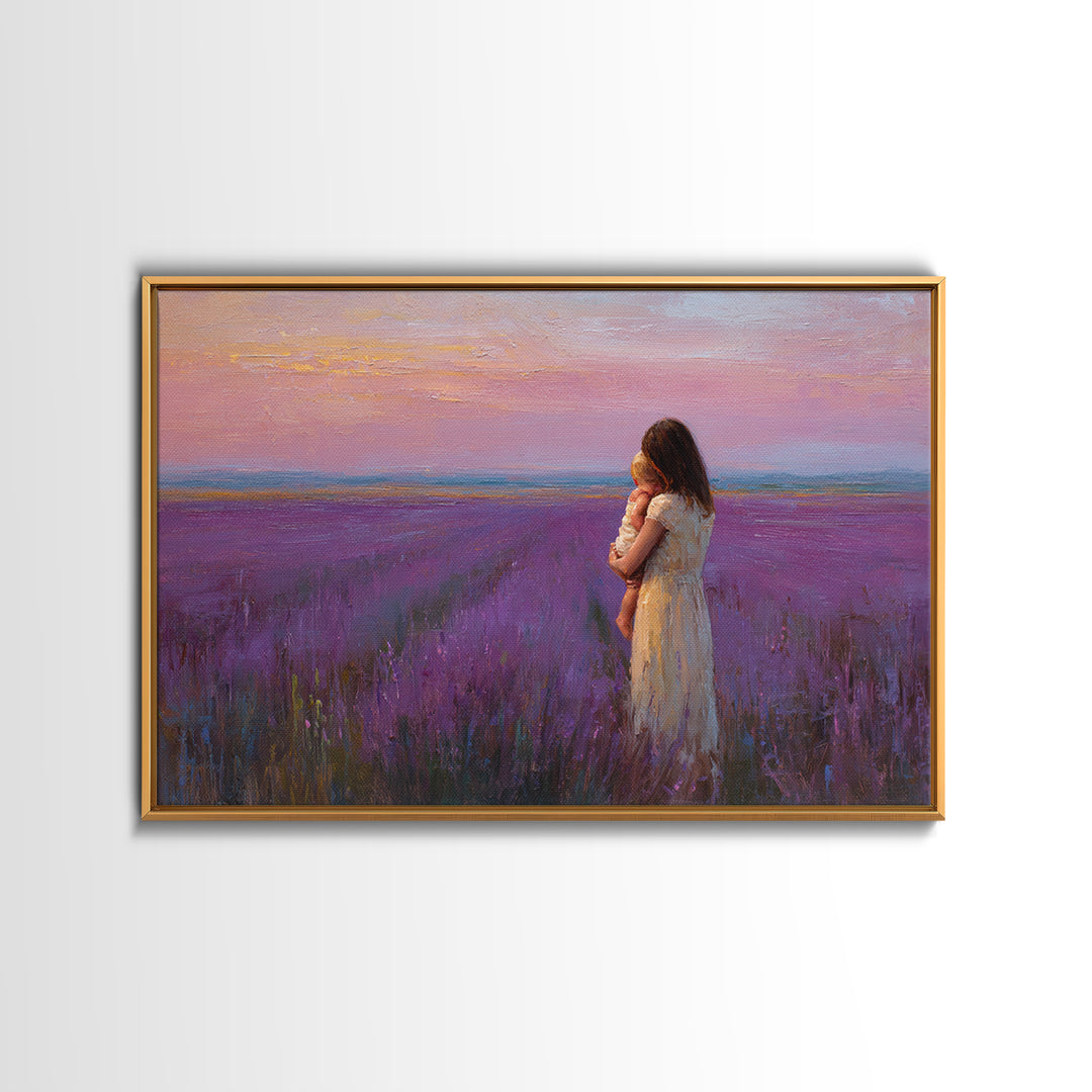 Mother And Baby In Lavender Field Sunset Wall Art, Purple Landscape Print, Romantic Nursery Decor, Gift For Her, Calming Bedroom Decor
