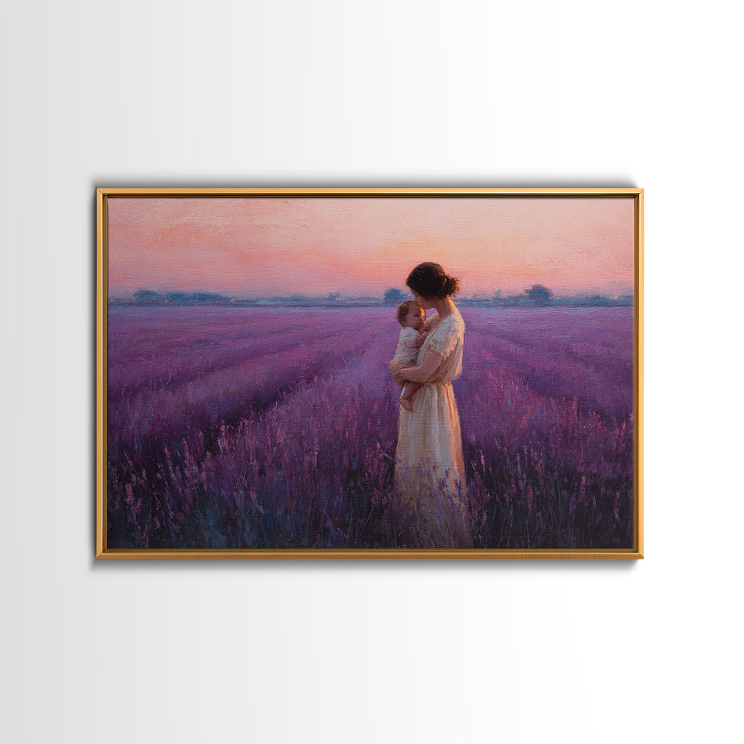 Mother And Baby Embrace In Lavender Sunset Field Framed Canvas Print, Purple Wall Art, Feminine Nursery Decor Gift For Mom