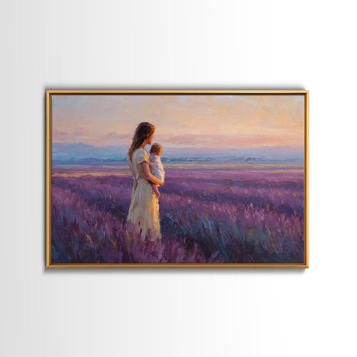 Mother And Child In Lavender Meadow Sunrise Canvas Print, Romantic Landscape Wall Art, Purple Bedroom Decor, Gift For Her