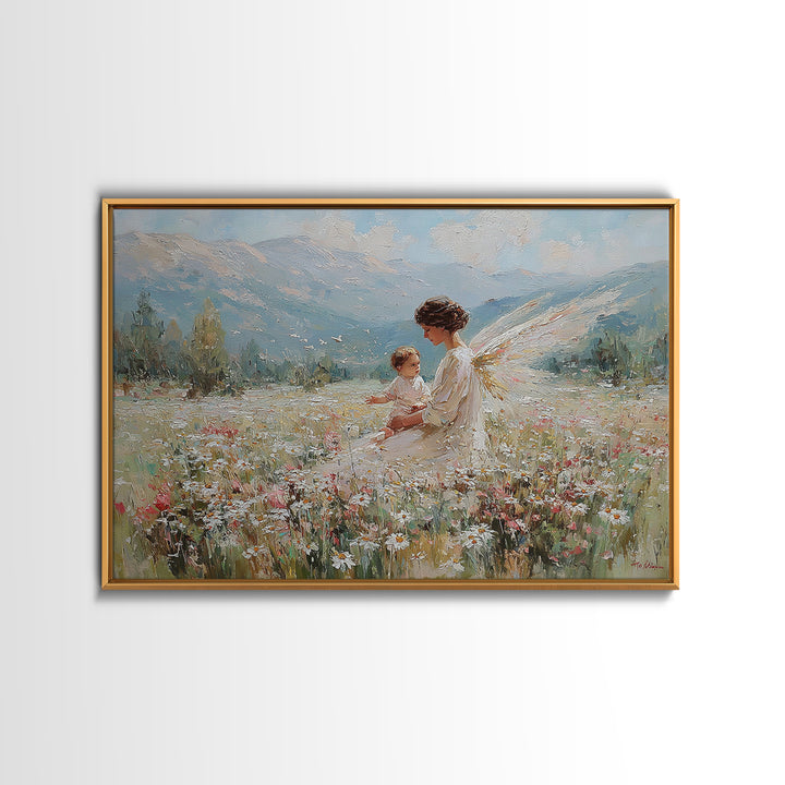 Guardian Angel And Child In Alpine Wildflower Meadow Framed Canvas Print, Christian Wall Art, Mountain Nursery Decor Gift